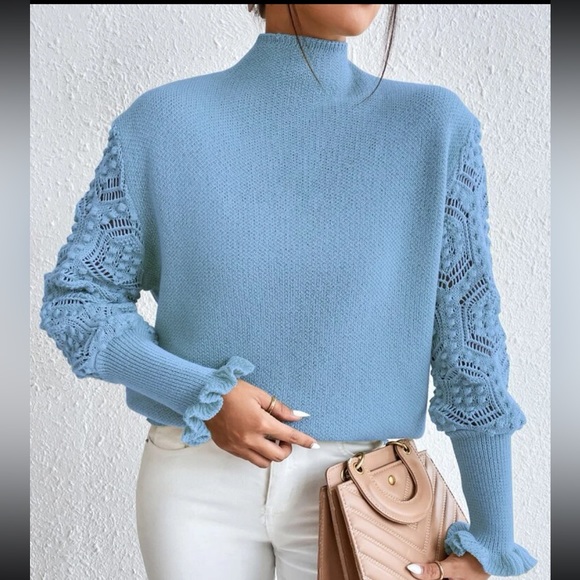 Cozy Cowl High Neck Eyelet Detail Flounce Sleeve Sweater - Picture 7 of 9